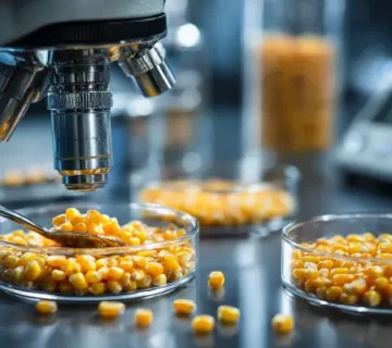 نمای نزدیک هایپرریالستیک از دانه‌های ذرت در حال بررسی آزمایشگاهی برای رطوبت، شکستگی و آلودگی قارچی