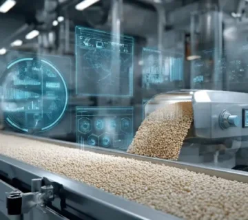 نمایی واقعی از کارخانه خوراک دام با سیستم‌های هوش مصنوعی در حال پایش کیفیت پلت روی نوار نقاله، همراه با داشبورد دیجیتال و تجهیزات صنعتی پیشرفته برای کنترل خودکار.