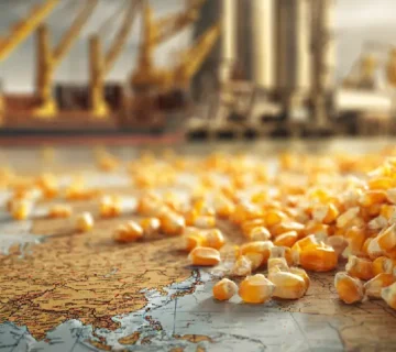 ذرت اوکراینی روی نقشه با پس‌زمینه‌ای از کشتی و سیلوهای بندر امام خمینی؛ نمادی از واردات نهاده‌های دامی به ایران.