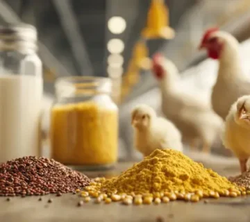 نمایی واقعی از آزمایش تغذیه مرغ گوشتی با ترکیب منابع پروتئینی گیاهی و حیوانی؛ شامل سویا، ذرت و پودر ماهی روی میز تحقیق و مرغ‌هایی در حال تغذیه در محیط مزرعه‌ای تمیز و کنترل‌شده.