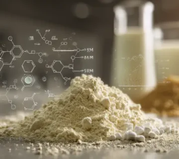 عکس واقع‌گرایانه از ترکیب خوراک گاو شیری روی میز آزمایشگاهی؛ ذرات بافر شکمبه و مخمر زنده در کنار نمودار مفهومی pH متعادل و مولکول‌های چربی شیر دیده می‌شود.