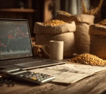 نمایی واقعی از میز کار معامله‌گر با اسناد قرارداد آتی، لپ‌تاپ دارای نمودار قیمت غلات، ماشین‌حساب و کیسه‌های خوراک دامی در پس‌زمینه؛ نماد مدیریت ریسک و تثبیت قیمت نهاده‌ها.