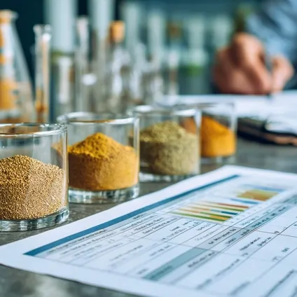 نمونه‌های پودر و خوراک دام در ظروف آزمایشگاهی روی میز همراه با برگه آنالیز ترکیبات تغذیه‌ای