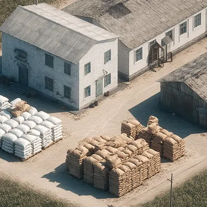 انبار روستایی با کیسه‌های ذخیره کنجاله و نهاده‌های دامی در محوطه خاکی.