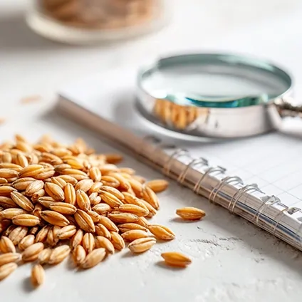 دانه‌های جو روی دفتر یادداشت کنار ذره‌بین؛ نشانه بررسی کیفیت و استاندارد نهاده‌ها.