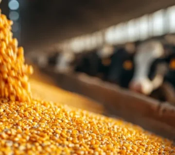ذرت دامی روسی در حال ریخته‌شدن در آخور دامداری؛ محصول وارداتی از طریق بندر انزلی برای تغذیه گاوهای شیری