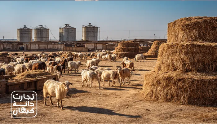 نمایی از دامداری‌های فسا با گله گاو و گوسفند در کنار سیلوهای خوراک دام و مزارع خشک جنوب فارس
