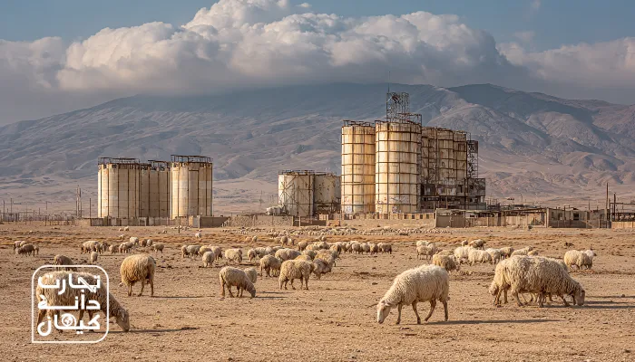 نمایی از دامداری‌های جهرم با گله گوسفند و بز در اقلیم گرم جنوب فارس و سیلوهای خوراک دام