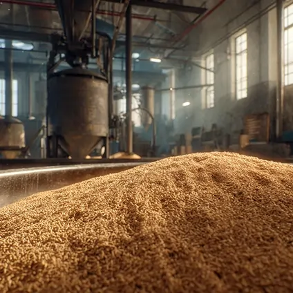 نمای نزدیک از خط تولید خوراک دامی در کارخانه با توده‌ای از کنجاله سویا و نور طبیعی.