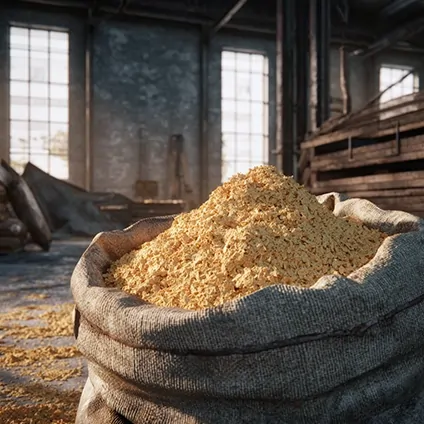 کیسه بزرگ پر از کنجاله سویا در انبار سنتی نگهداری مواد اولیه خوراک دامی.