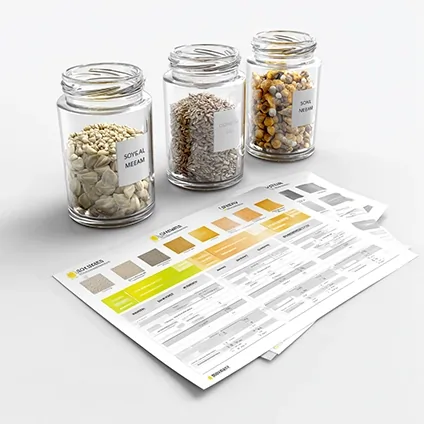 نمونه دانه‌های سویا، ذرت و آفتابگردان در ظروف شیشه‌ای کنار برگه آنالیز ترکیب مواد.