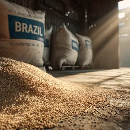 توده کنجاله سویا در انبار با کیسه‌هایی دارای برچسب کشور برزیل؛ منبع اصلی واردات.
