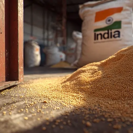 کنجاله سویا در انبار با کیسه‌هایی از هند؛ نشان‌دهنده تنوع مبادی واردات نهاده‌های دامی.