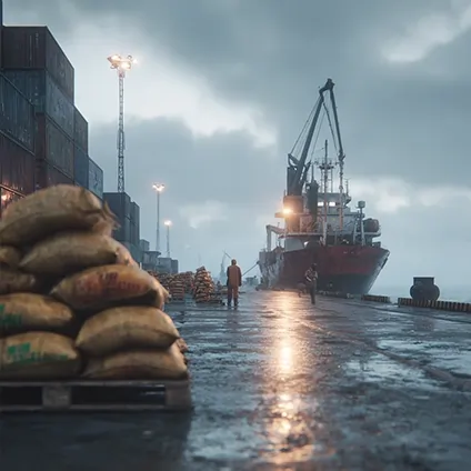 اسکله بندر در هوای بارانی با کشتی باری و کیسه‌های نهاده دامی آماده بارگیری.