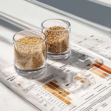 نمونه پودر و دانه خوراک دام در ظروف شیشه‌ای روی برگه آنالیز ارزش غذایی.