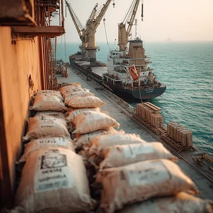 کیسه‌های نهاده دامی روی اسکله و کشتی باربری در حال تخلیه در بندر.