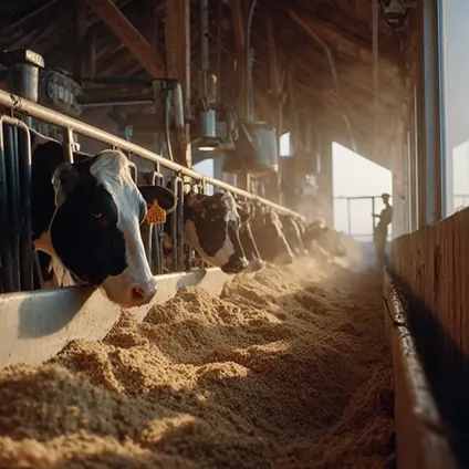 گاوهای شیری در سالن تغذیه صنعتی در حال مصرف خوراک حاوی کنجاله سویا.