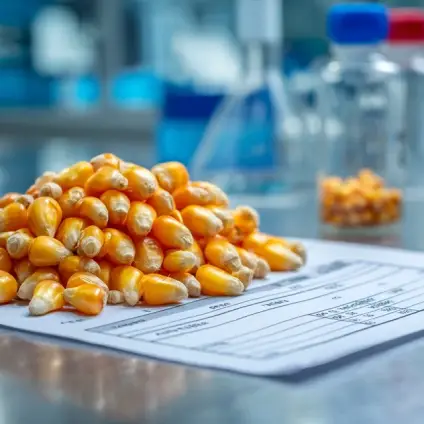دانه‌های ذرت آرژانتینی روی برگه آزمایش در آزمایشگاه کنترل کیفیت بندر امام خمینی؛ نشان‌دهنده بررسی دقیق استانداردهای تغذیه‌ای و سلامت محصول پیش از ترخیص.