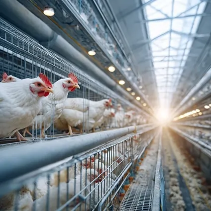 مرغ‌های تخم‌گذار در سالن پرورش صنعتی با نور طبیعی و سیستم تهویه خودکار
