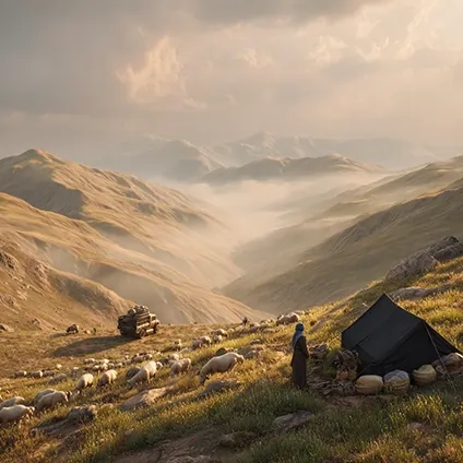 چادر عشایری در مراتع کوهستانی با گله گوسفندان در حال چرا در ارتفاعات ایران