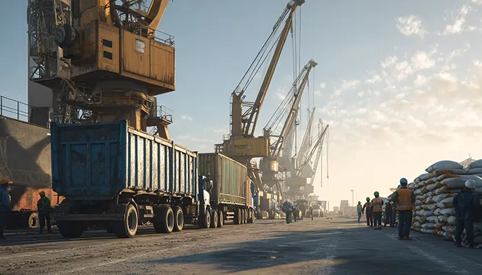 کامیونها در حال بارگیری نهادههای وارداتی در اسکله بندر امام خمینی