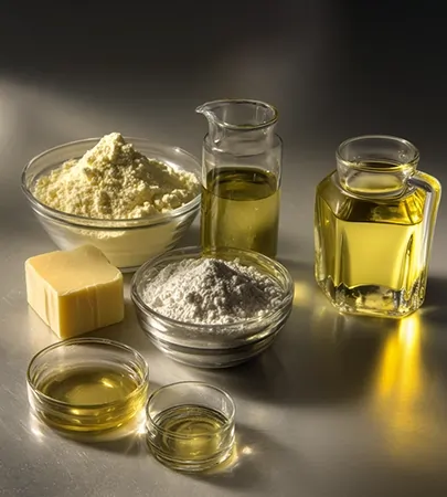 انواع منابع چربی و روغن خوراک دام شامل پودر چربی، روغن مایع و کره صنعتی در ظروف آزمایشگاهی