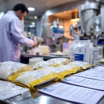 بسته‌های آزمایشگاهی و نمونه‌های استاندارد پودر چربی در آزمایشگاه کنترل کیفیت خوراک دام.