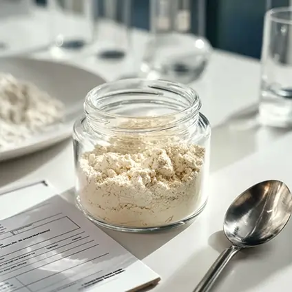 نمونه پودر چربی داخلی در شیشه آزمایشگاهی روی میز کنترل کیفیت