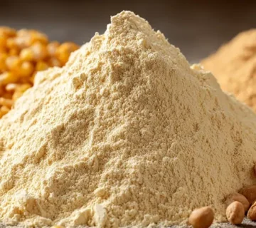 نمای نزدیک از پودر چربی وارداتی با رنگ روشن و بافت نرم در کنار ذرت و سویا برای تغذیه دام