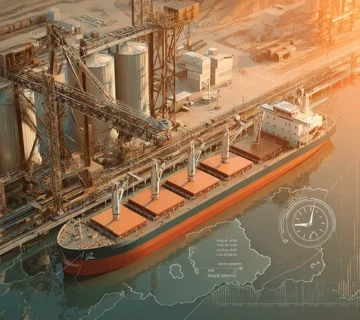 نمای هوایی کشتی فله‌بر در حال تخلیه غلات در بندر ایران با نمایش مفهومی زمان‌سنج و نمودار هزینه دموراژ و اثر آن بر قیمت نهاده‌های دامی