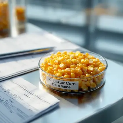 نمونه آزمایشگاهی ذرت در ظرف شیشه‌ای روی میز آزمایشگاه برای سنجش کیفیت و رطوبت دانه‌ها