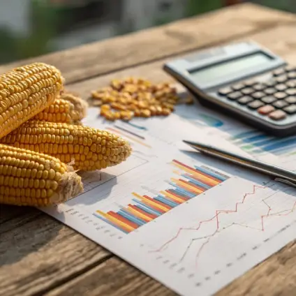 نمودارهای قیمت و تحلیل بازار ذرت دامی روی میز چوبی همراه با دانه‌های ذرت و ماشین‌حساب