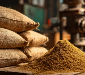 نمای نزدیک از کنجاله تخت تخم پنبه درب کارخانه؛ کیک‌های فشرده قهوه‌ای-طلایی روی پالت چوبی با تمرکز در مرکز تصویر