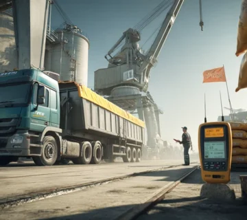 تصویر خطاهای رایج در تحویل محموله‌های خوراک دام و راه‌های جلوگیری: باسکول کالیبره، رطوبت‌سنج، کامیون با چادر پلمب و سیلو در پس‌زمینه