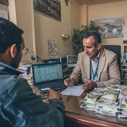 کارشناس فروش در حال مذاکره درباره قیمت روز کنجاله سویا داخلی در دفتر بازرگانی گیلان