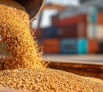 نمای نزدیک از تخلیه جو وارداتی در بندر امام خمینی با تمرکز بر دانه‌های جو در حال ریزش و پس‌زمینه محو از سیلوها و کانتینرهای بندری