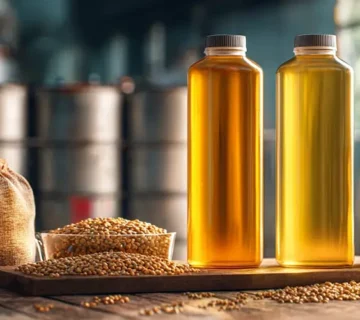 بطری‌های روغن کلزا خوراک دام با رنگ‌های طلایی در کنار دانه کلزا در فضای کارخانه‌ای