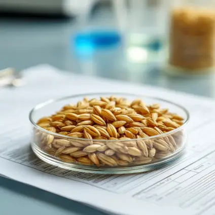 نمونه دانه جو روسی در ظرف آزمایشگاهی شفاف روی برگه آزمایش کنترل کیفیت در محیط آزمایشگاه خوراک دام