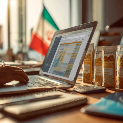 صحنه واقعی از یک واردکننده ایرانی در حال بررسی قیمت کنجاله آفتابگردان HP روی لپ‌تاپ، با نمونه کنجاله و یادداشت مسیر روسیه–انزلی روی میز کار.