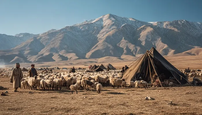 زندگی عشایری سنتی ایران با چادر سیاه، گله گوسفند و مناظر کوهستانی