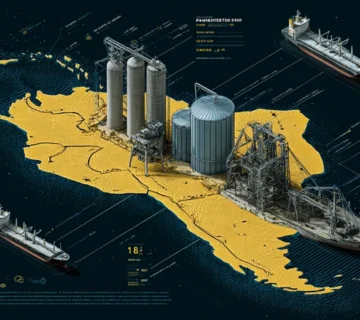 نقشهٔ آمریکای جنوبی با بنادر صادراتی برزیل، آرژانتین و پاراگوئه و مسیرهای حمل کنجاله سویا؛ نمایش روند قیمت FOB تا پایان ۲۰۲۵