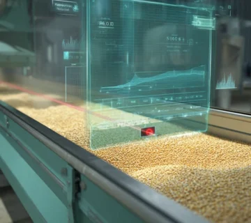 سنسور لیزری NIR در خط ورودی کارخانه خوراک دام که رطوبت ذرت، جو و کنجاله سویا را به‌صورت آنلاین و دقیق اندازه‌گیری می‌کند.
