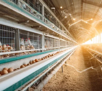 مرغداری تخم‌گذار با نوار نقاله تخم‌مرغ و نمایش مکمل‌های ویتامینی، معدنی و اسیدآمینه برای افزایش ۵٪ تولید؛ جیرهٔ متعادل با ذرت، کنجاله سویا و کلسیم.