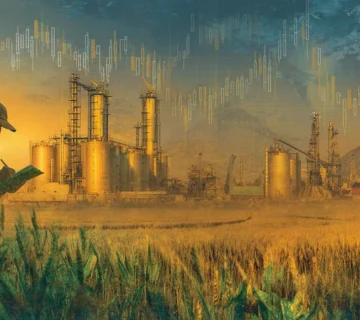 تصویر مفهومی مدیریت و پوشش ریسک افت قیمت محصولات کشاورزی در ایران با نمایش گندم، ذرت، سویا و جو، نمودار قیمت و زیرساخت بندری