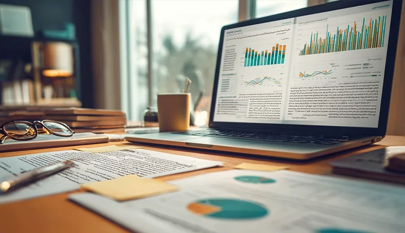 میز کار تحریریه تجارت دانه با لپ‌تاپ نمایش‌دهنده نمودارهای تحلیلی بازار نهاده‌های دامی، اسناد گزارش‌نویسی و ابزارهای تحلیل داده