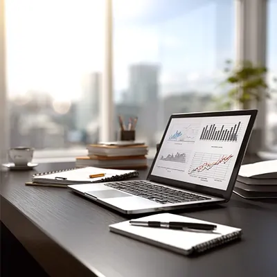 فضای کاری مدرن تیم تحریریه تجارت دانه با لپ‌تاپ حاوی گزارش‌های آماری، دفتر یادداشت و تمرکز بر تحلیل روندهای بازار کشاورزی