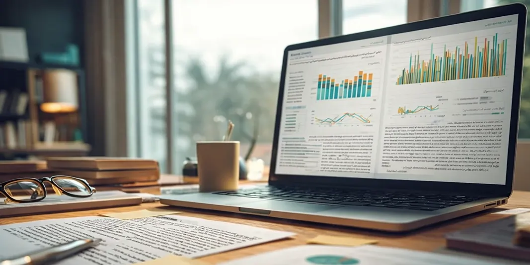 میز کار تحریریه تجارت دانه با لپ‌تاپ نمایش‌دهنده نمودارهای تحلیلی بازار نهاده‌های دامی، اسناد گزارش‌نویسی و ابزارهای تحلیل داده